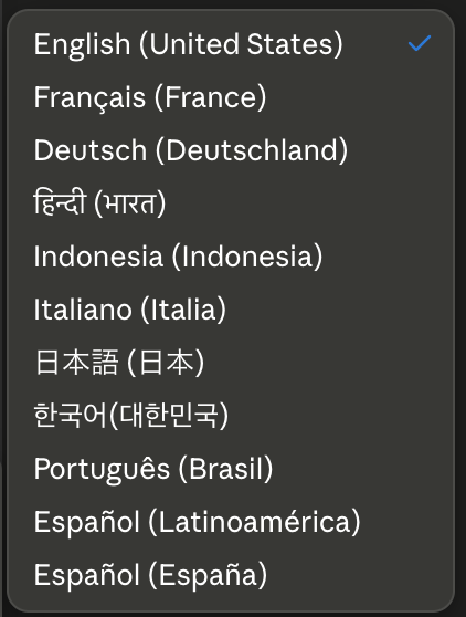 Claude Desktop's interface-language menu, listing English (United States, selected), Français, Deutsch, हिन्दी, Indonesia, Italiano, 日本語, 한국어, Português (Brasil), Español (Latinoamérica) and Español (España).