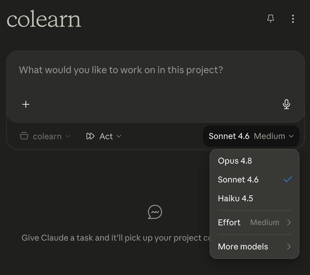 The model menu open, listing several Claude models, an effort setting, and a usage-limit notice.